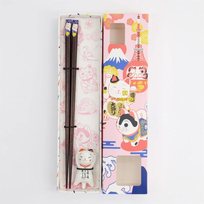 Tokyo blue chopsticks gift box with Lucky Cat rest