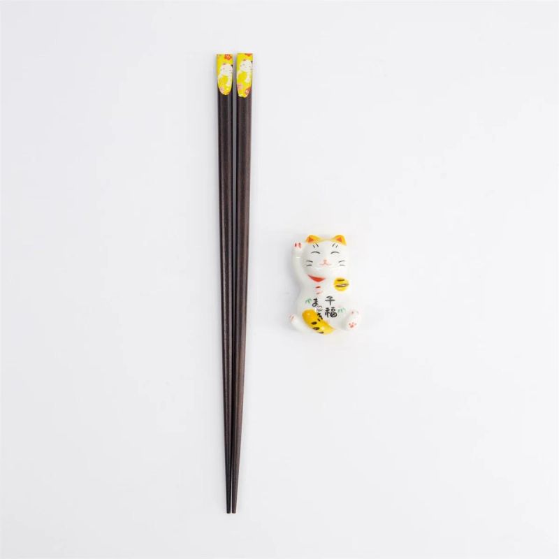 Yellow Tokyo chopsticks gift box with Lucky Cat rest