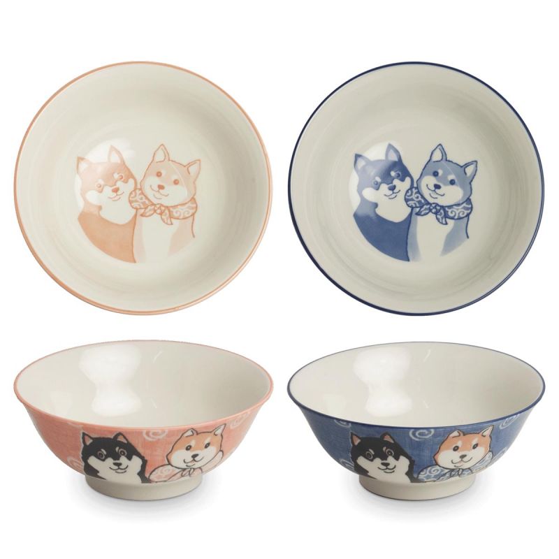 Duo de bols à soupe japonais en céramique, rose et bleu - SHIBA INU