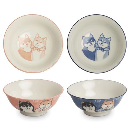 Dúo de cuencos hondos japoneses de cerámica, rosa y azul - SHIBA INU