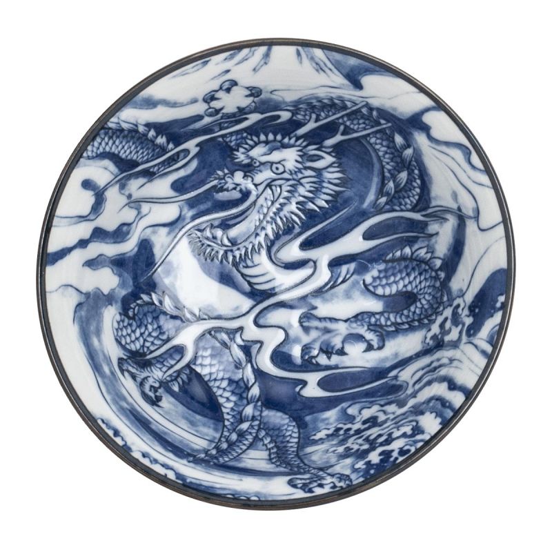 Tazón de cerámica japonesa para ramen RYU dragón, azul y blanco