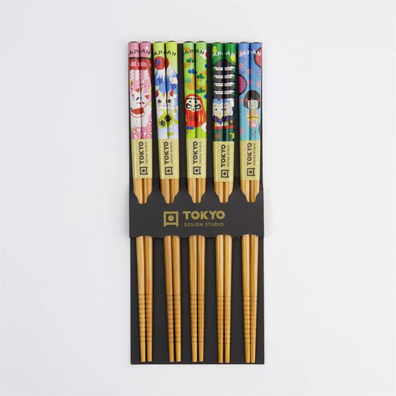 Set of wooden chopsticks, 5 colors, Kawaii