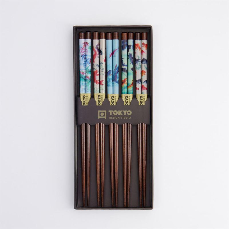 Set of wooden chopsticks, 5 colors, KOI patterns