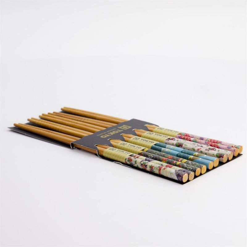 Set of wooden chopsticks, 5 colors, Japanese fabric patterns