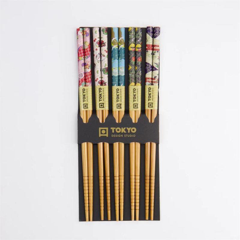 Set of wooden chopsticks, 5 colors, Japanese fabric patterns