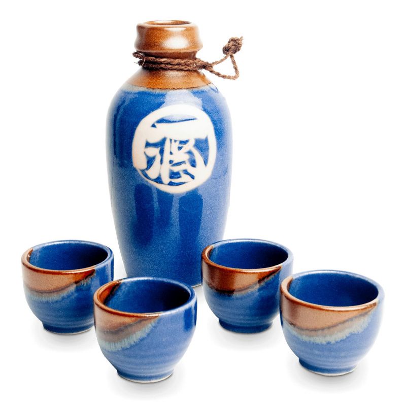 Set da sake tradizionale giapponese, 4 tazze e 1 bottiglia, SAKE AOI