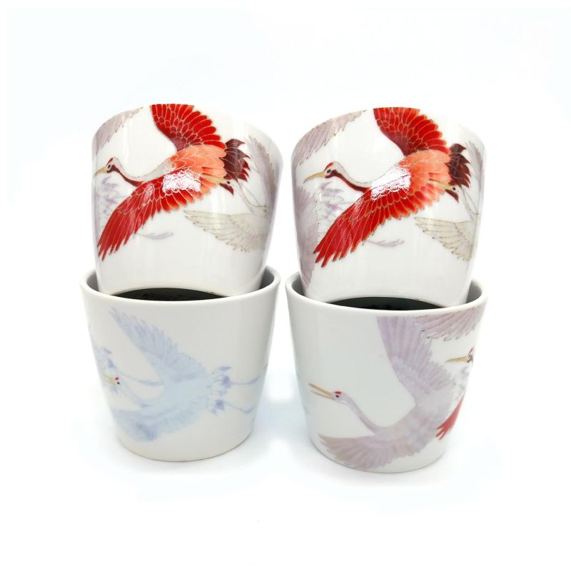 Set théière et 4 tasses -blanc et rouge - motif Grue en céramique