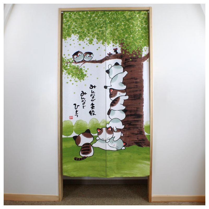 Cortina japonesa larga noren árbol y gatos 85 x 170 cm MINNA GA SHUYAKU