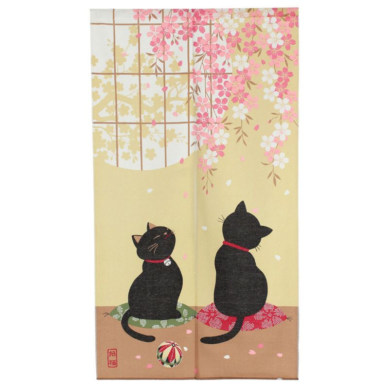 Japanischer Noren-Vorhang, Polyester, 85 x 150 cm, 2 schwarze Katzen, KURO NEKO