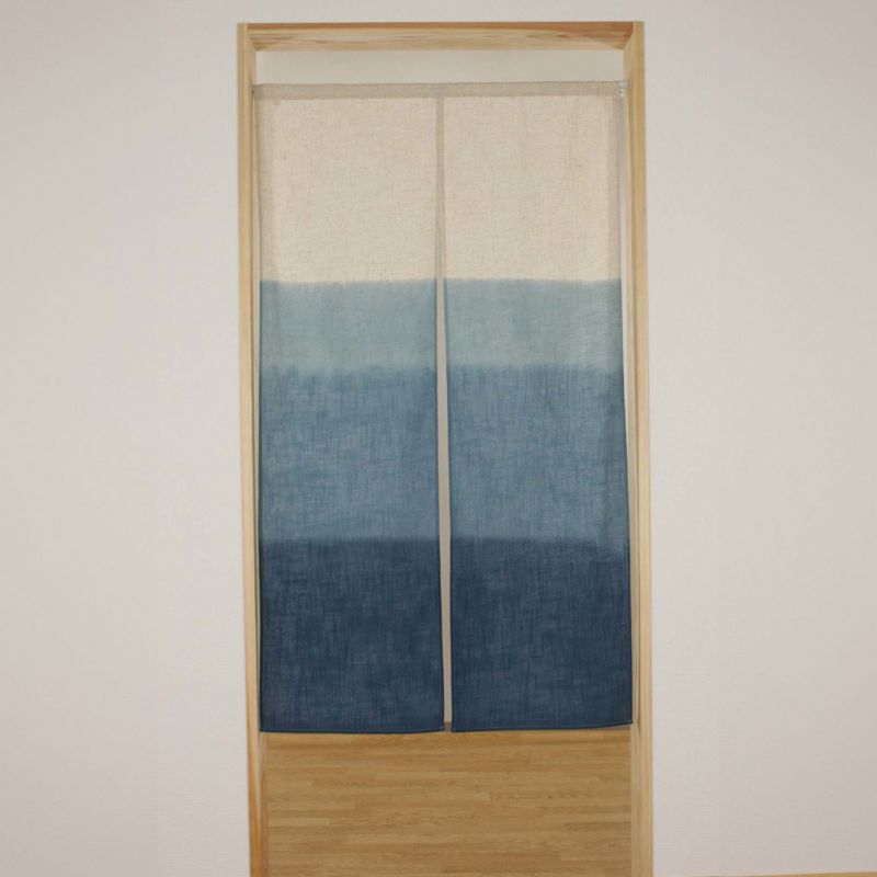 Japanese noren curtain 85 x 150cm, made in Japan, Danbokashi pattern, indigo color hand printed on linen-trimmed fabric.