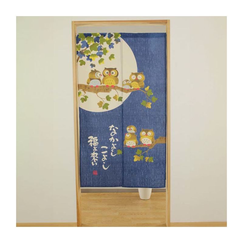 Japanischer Noren-Vorhang, blau, 85 x 150 cm, Mond und Eule, TSUKI NO FURUKO