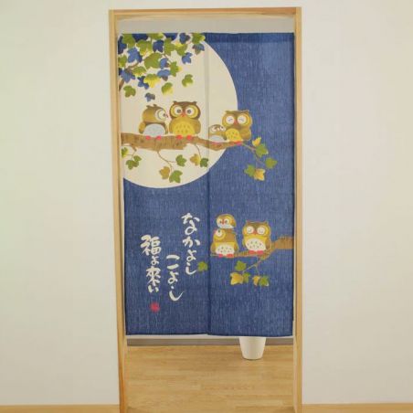 Rideau Noren Japonais, bleu, 85 x 150cm, Lune et hibou , TSUKI NO FURUKO