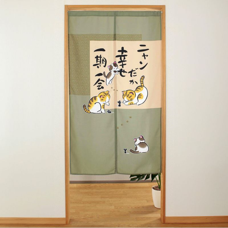 Grüner japanischer Noren-Vorhang, Polyester, 85 x 150 cm, verspielte Katzen, Nyandaka