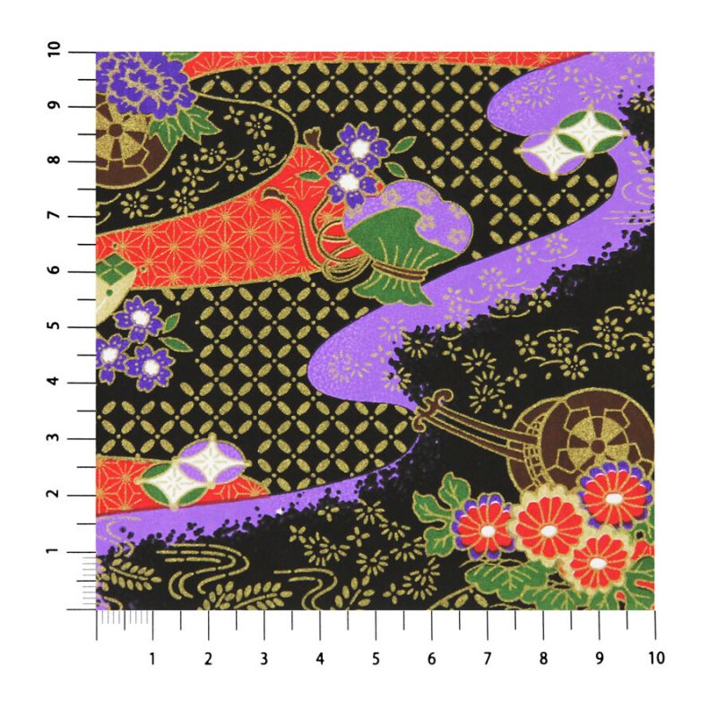 grande feuille papier japonais, YUZEN WASHI, noir, Carrosse de fleurs et brume précieuse