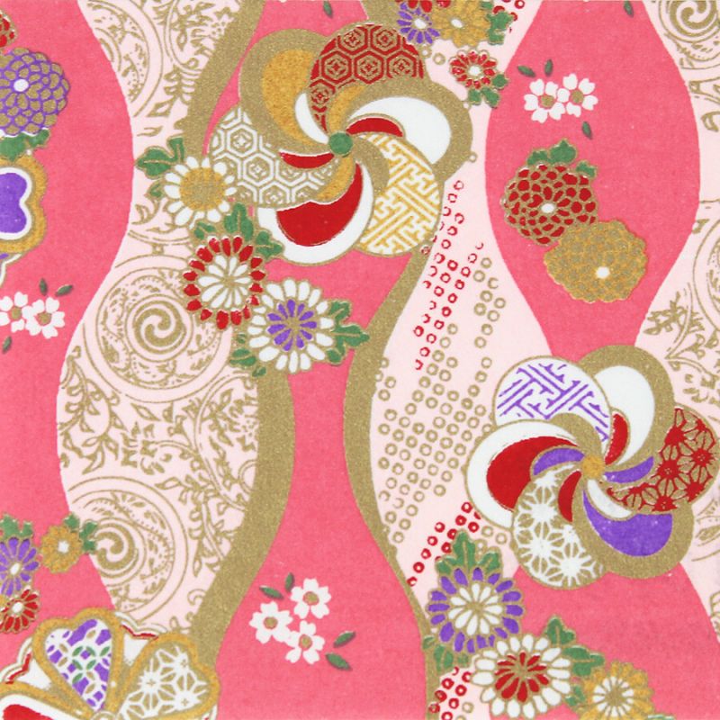 large sheet of Japanese paper, YUZEN WASHI, pink, Tachiwaku and Hana Zasshi pattern