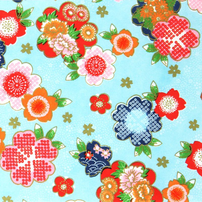 großes Blatt Japanpapier, YUZEN WASHI, blau, klassisches Blumenmuster