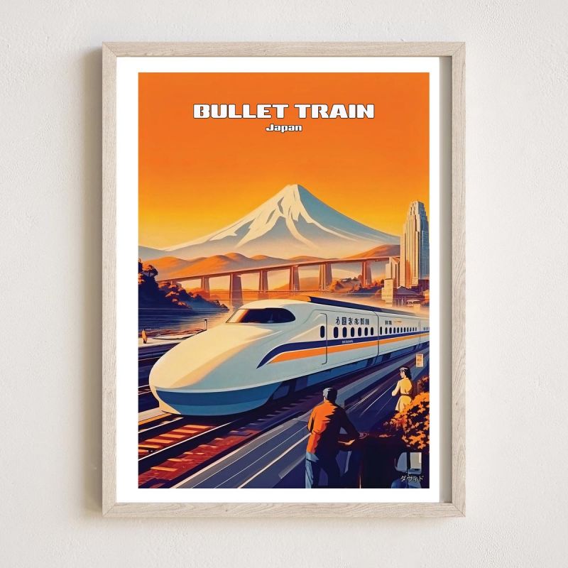 Japanese poster / illustration "Bullet Train" Shinkansen and Mount Fuji, by ダヴィッド