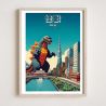 affiche / illustration japonaises "KAIJU" monstre géant à Tokyo, by ダヴィッド