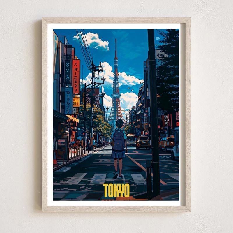 Japanische Illustration „ALONE IN TOKYO“, spazierend durch die Straßen Tokios, von ダヴィッド