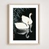 Japanese print, two geese swimming in the night, OHARA KOSON