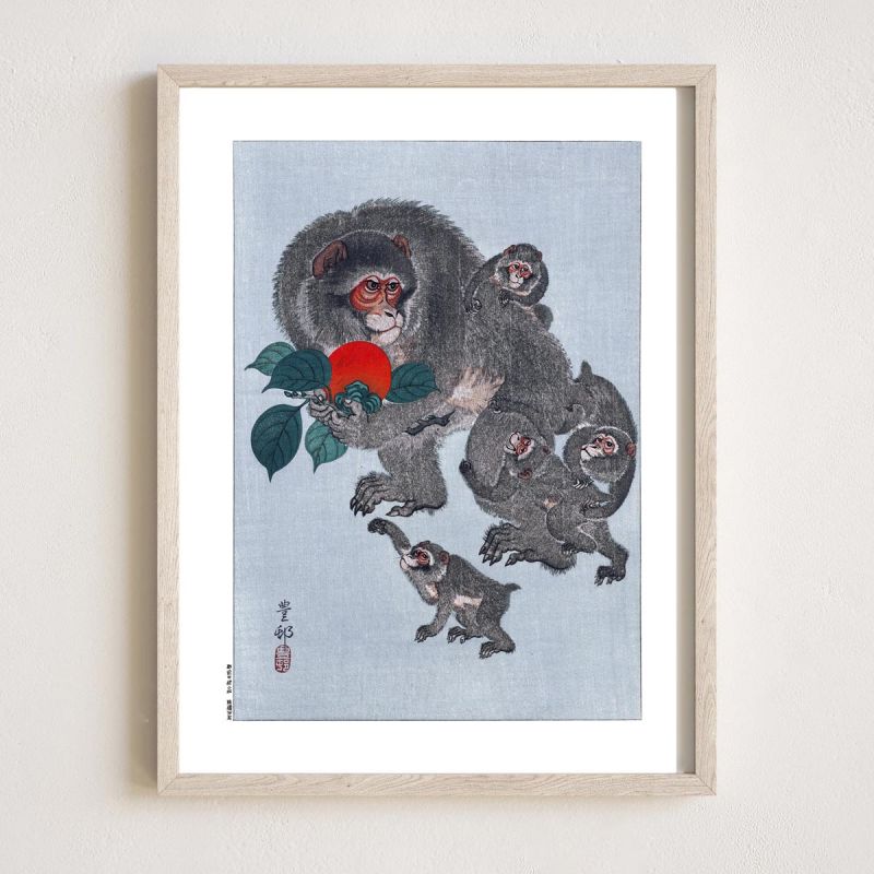 Reproduction d'estampe japonaise, une mère singe et ses nourrissons , OHARA KOSON