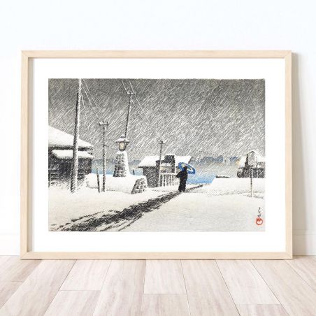 Riproduzione in stampa di Kawase Hasui, Snow in Tsukishima, Tsukishima no yuki