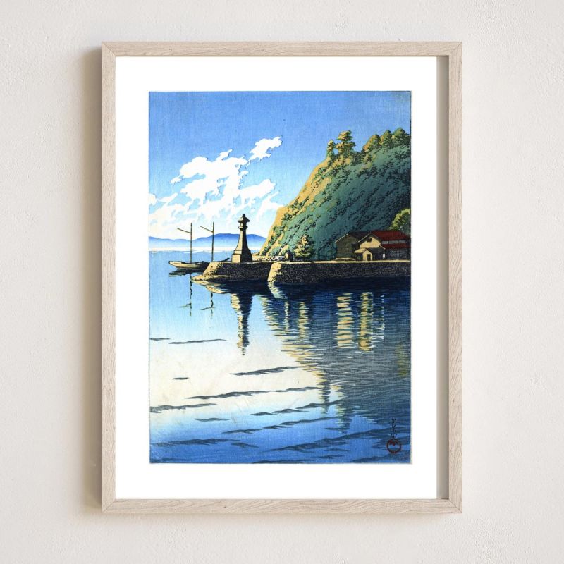 Reproduction d'estampe de Kawase Hasui, Matin à Mihogaseki dans la province d'Izumo, Izumo Mihogaseki no asa