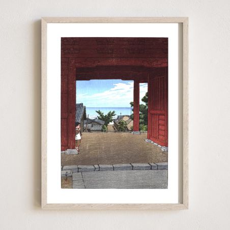 Druckreproduktion von Kawase Hasui, Tamon-Tempel in Hamahagi in der Provinz Awa, Boshu Hamahagi Tamonji