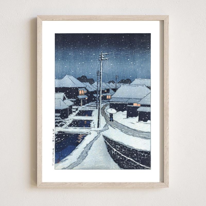 Kawase Hasui-Druckreproduktion, Abendschnee im Dorf Terashima, Yuki ni kure no terashima mur