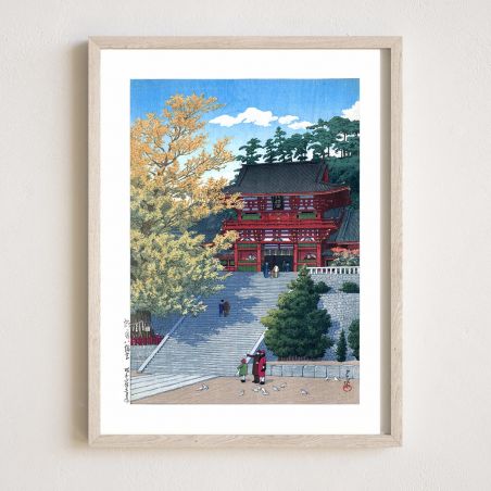 Reproduction d'estampe de Kawase Hasui, Sanctuaire Hachiman de Tsuruoka, Tsuruoka Hachimangu