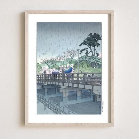 reproduccion impresa de Kawase Hasui, Lluvia de primavera en el puente Benkei, Benkei bashi no harusame