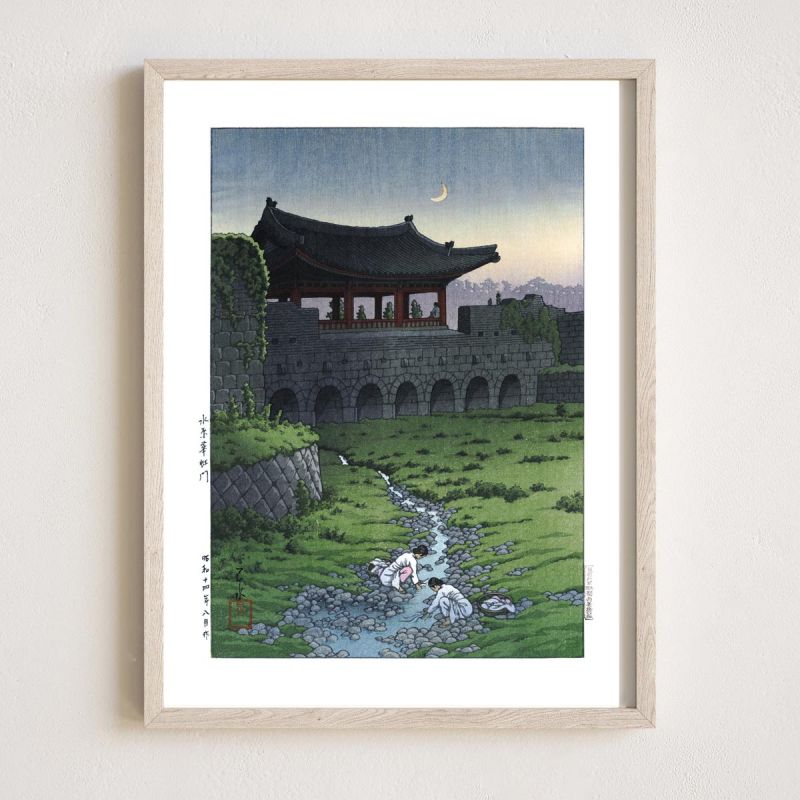 reproduccion impresa de Kawase Hasui, Puerta Hwasa, Suwon, Mizuhara Kakomon