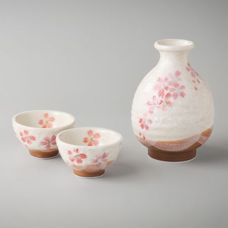 Service à saké japonais en céramique, 1bouteille et 2 tasses, SAKURAZAKE, blanc et fleurs roses