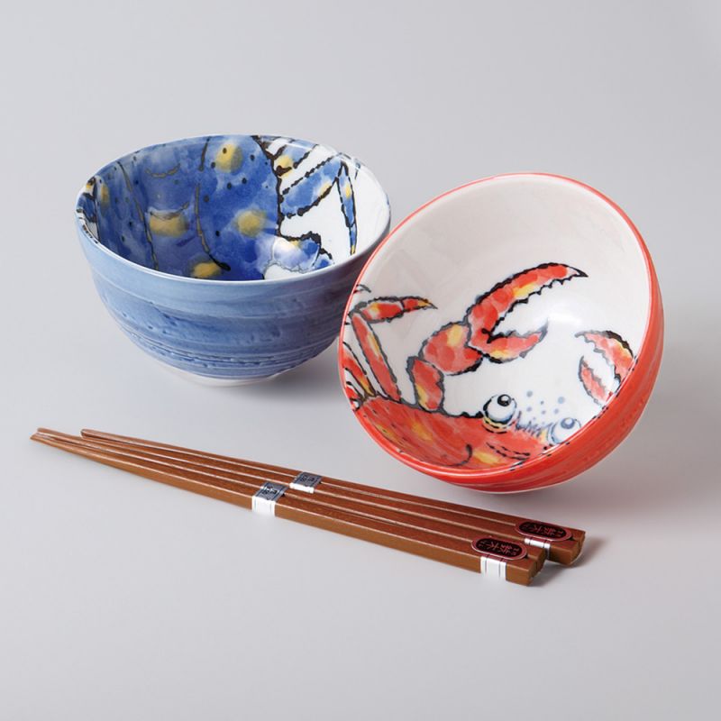 Set aus 2 japanischen Keramikschalen in Blau und Rot - Krabbenmotiv - KANI