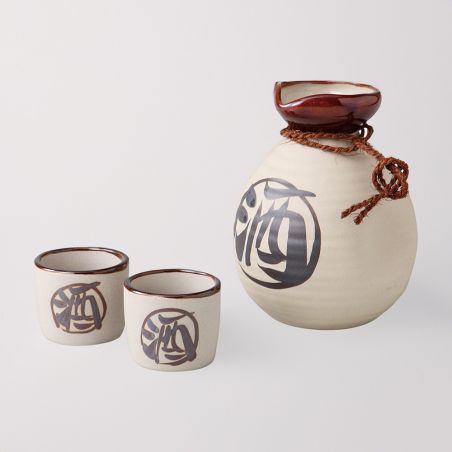 Japanese sake service, beige and brown, kanji pattern