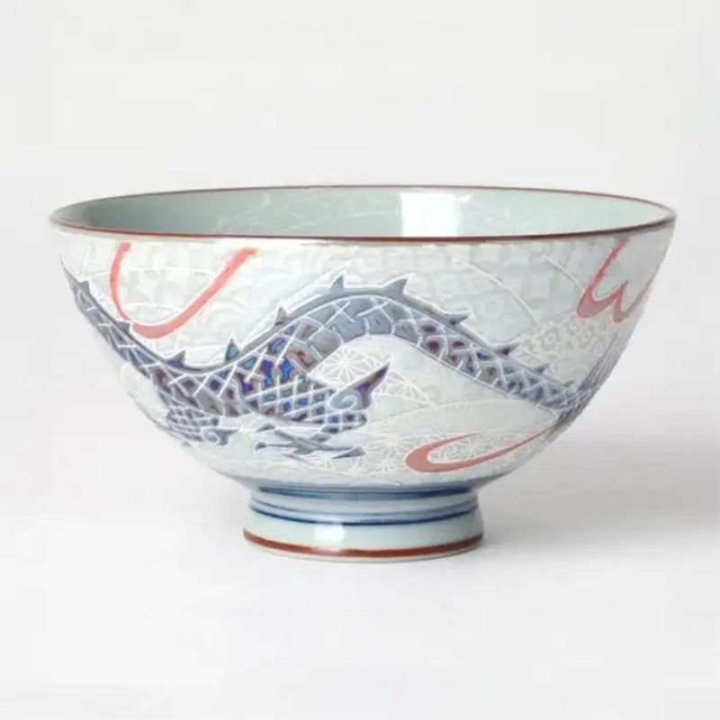 Japanese ceramic rice bowl with dragon pattern - RYU