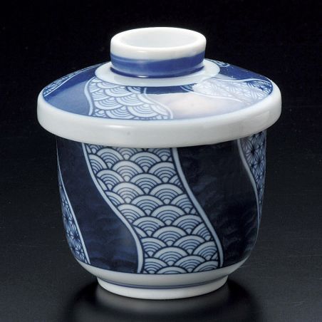 White and blue ceramic chawanmushi tea bowl - SEIGAIHA ASANOHA