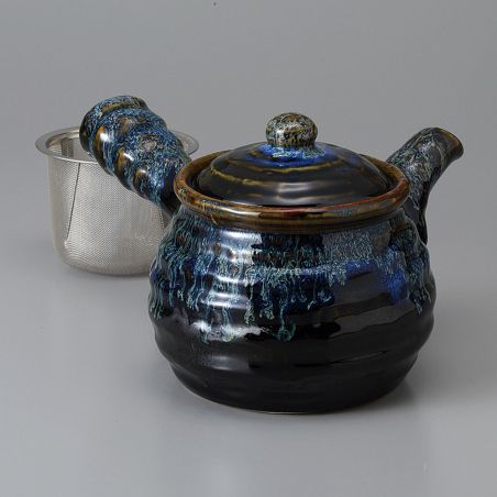 Teiera giapponese kyusu in ceramica blu, TENMOKU SEIRYU, 1200 cc