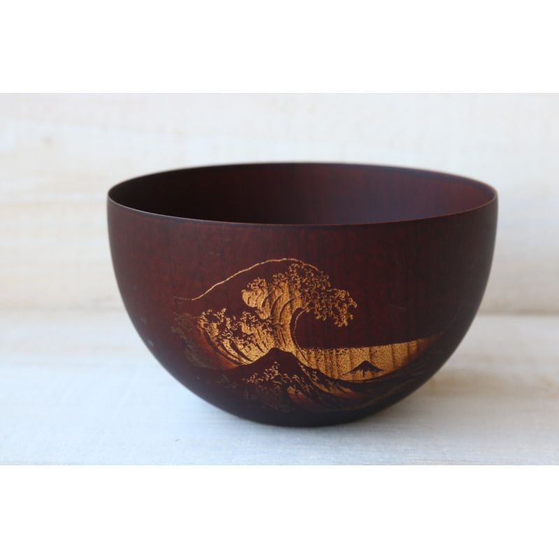 Japanese round rice bowl in dark natsume wood with wave pattern - NAMI