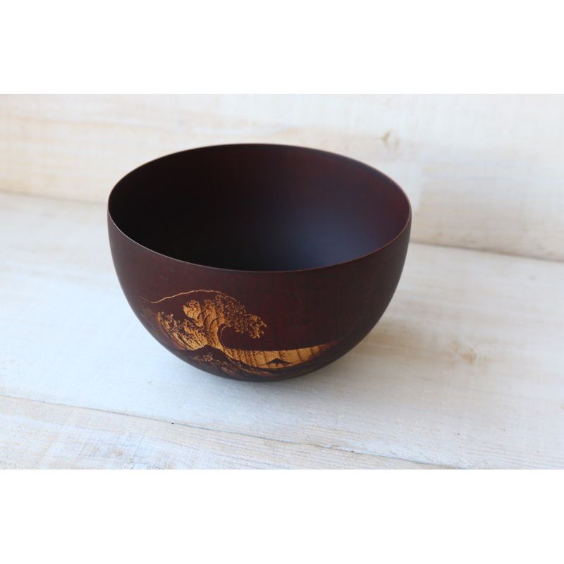 Japanese round rice bowl in dark natsume wood with wave pattern - NAMI