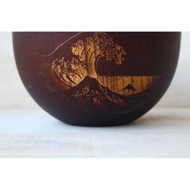 Japanese round rice bowl in dark natsume wood with wave pattern - NAMI