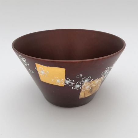 Japanese rice bowl in dark cedar wood with gold and silver lacquered cherry blossom pattern, MAKIE SAKURA