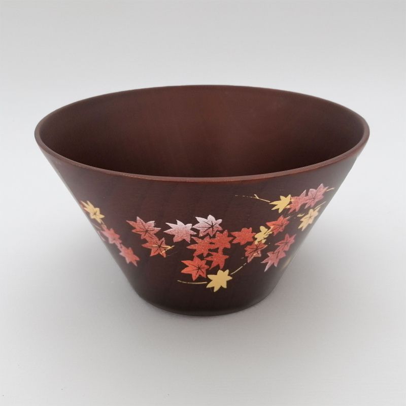 Japanese rice bowl in dark cedar wood with lacquered maple leaves pattern, NATSUME