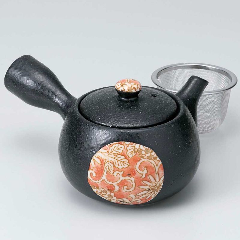 Tetera japonesa de cerámica kyusu con filtro e interior esmaltado, círculo floral negro - HANA NO WA