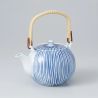 Japanese ceramic teapot with handle, white, blue stripes - SUTORAIPU