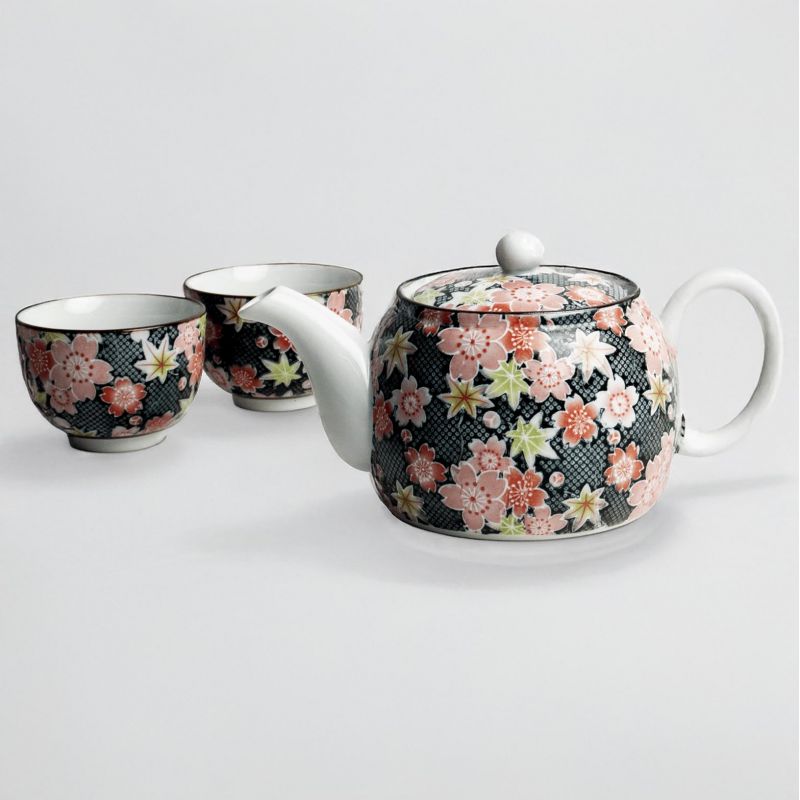 Tea Set, Round Ceramic Teapot with Removable Filter and 2 Cups - SAKURA