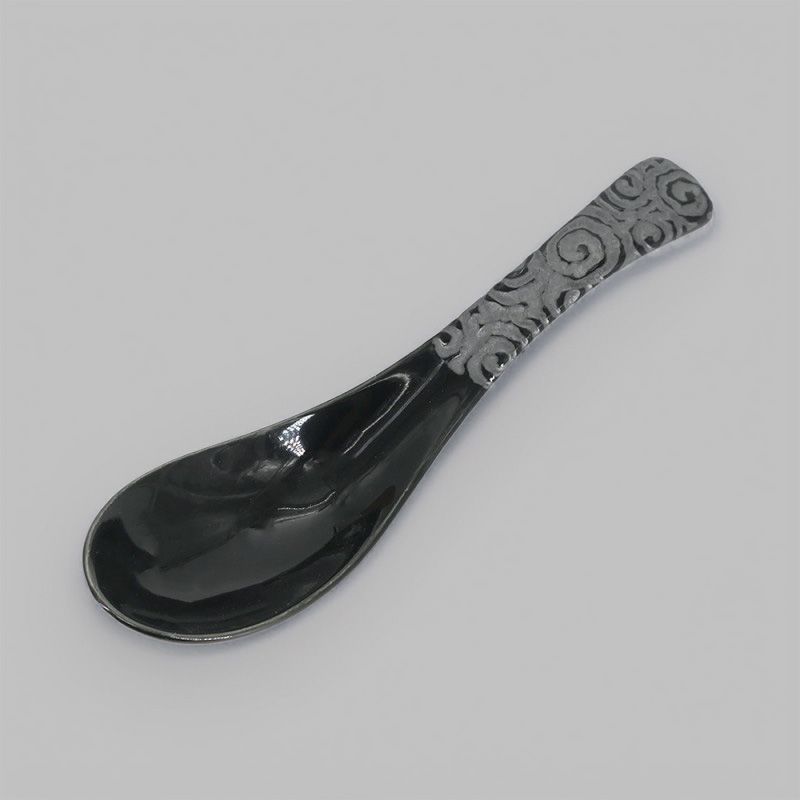 Japanese ceramic spoon, YUNAITEDDO, black with silver patterns