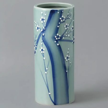 Vase japonais haut, bleu, fleurs de prune, Ø8,5cm, AOJI UME