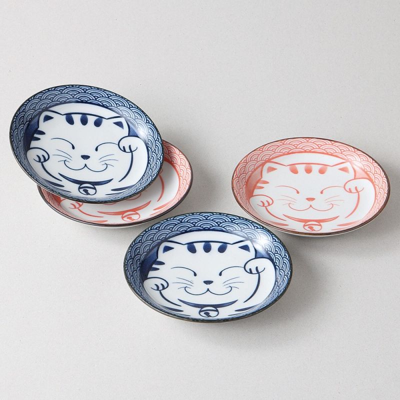 Set de 4 petites assiettes en céramique bleu et rose motif Chat- NEKO