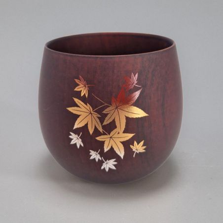 Tasse à thé japonaise en bois natsume foncé motif feuilles d'érable, MOMIJI 1